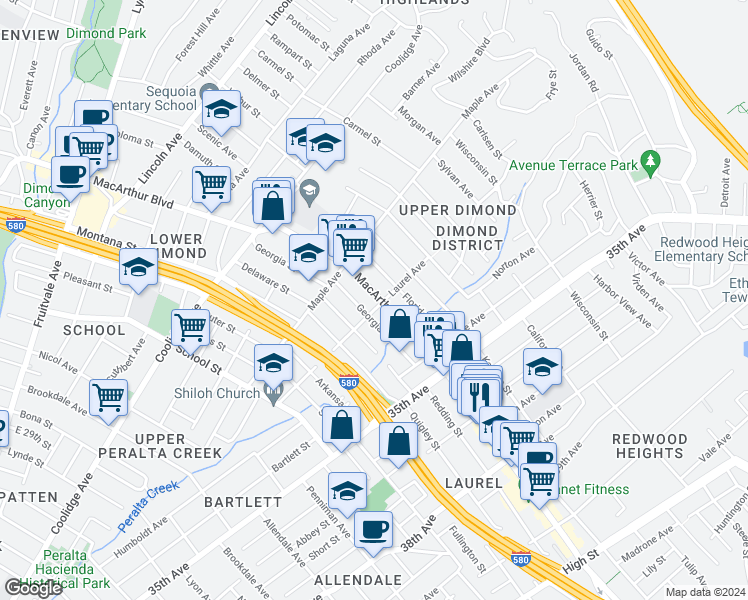map of restaurants, bars, coffee shops, grocery stores, and more near in Oakland