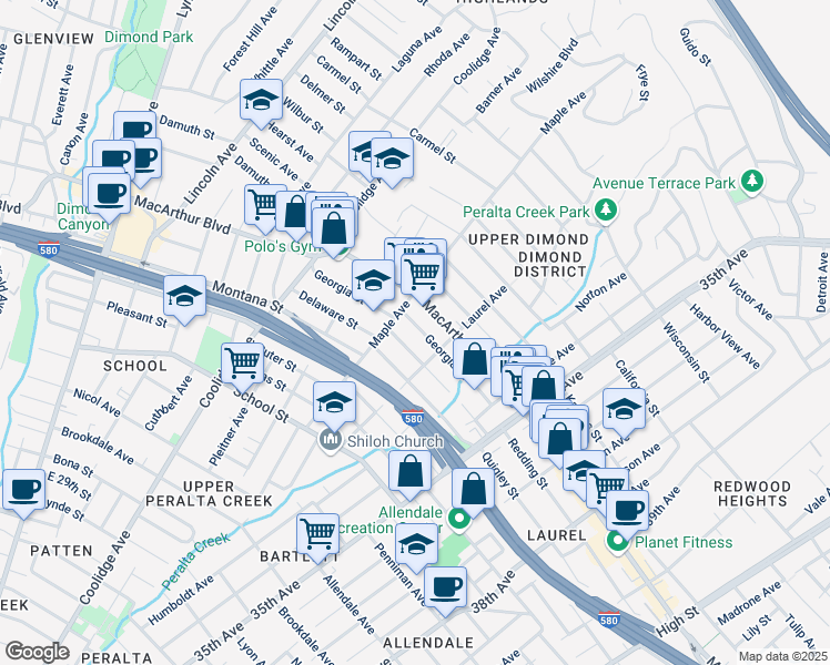 map of restaurants, bars, coffee shops, grocery stores, and more near 3057 Dakota Street in Oakland
