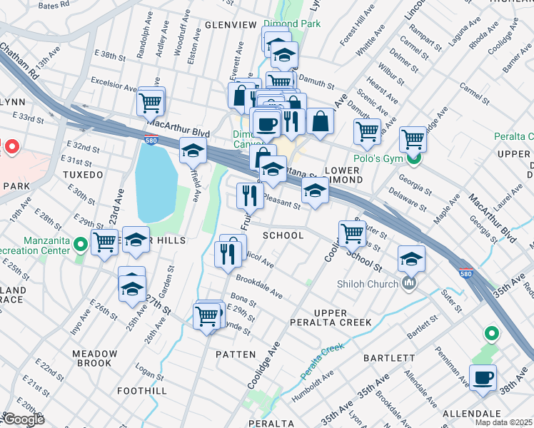 map of restaurants, bars, coffee shops, grocery stores, and more near 2739 School Street in Oakland