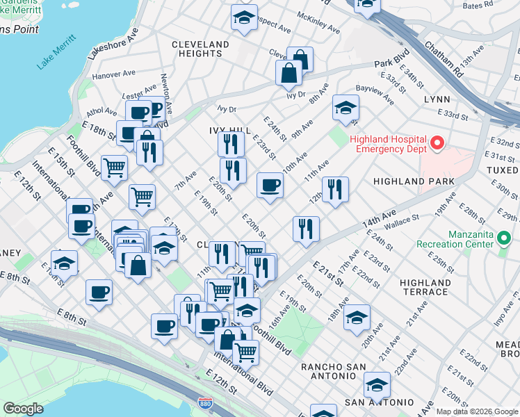 map of restaurants, bars, coffee shops, grocery stores, and more near 2036 11th Avenue in Oakland