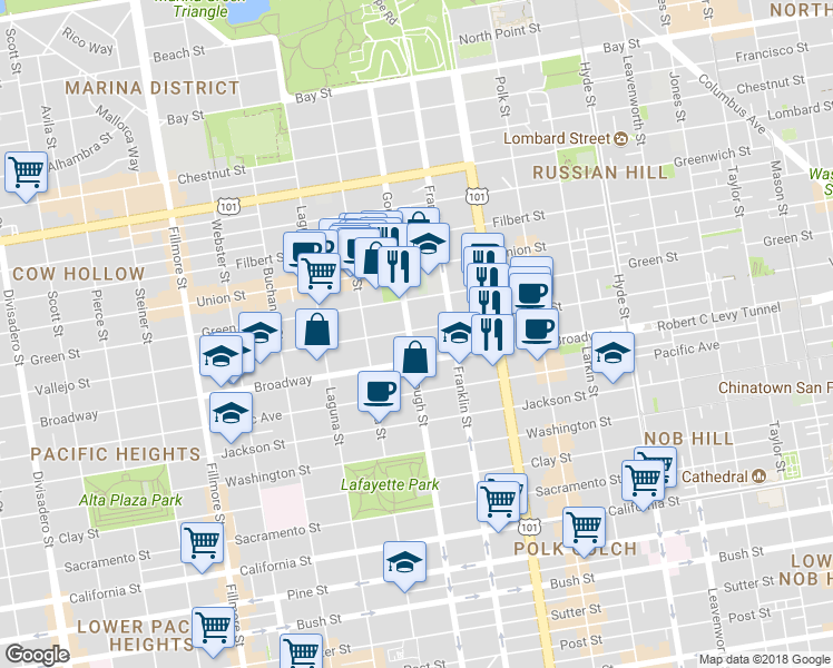 map of restaurants, bars, coffee shops, grocery stores, and more near in San Francisco