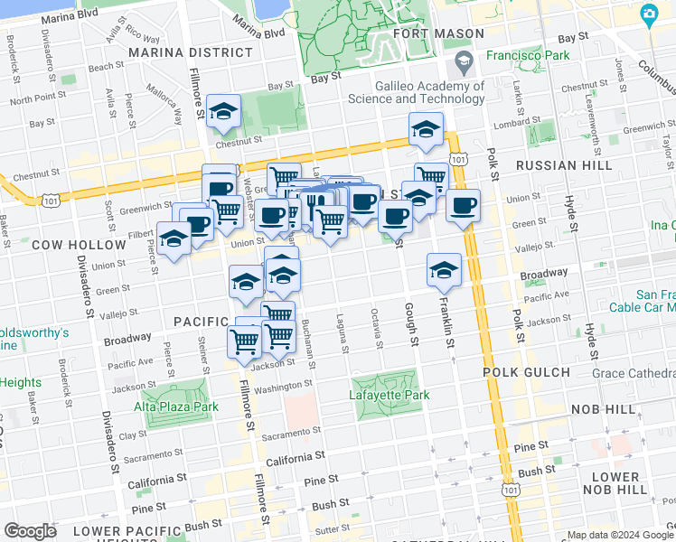 map of restaurants, bars, coffee shops, grocery stores, and more near 2620 Laguna Street in San Francisco