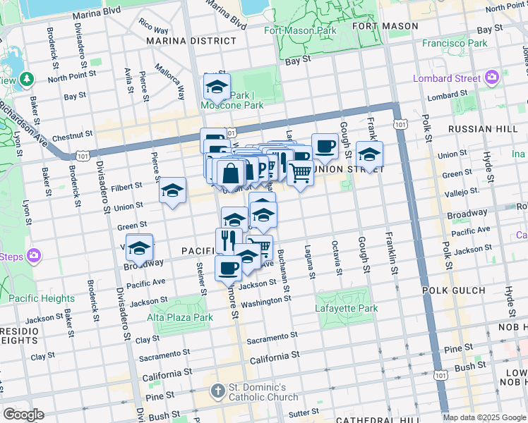 map of restaurants, bars, coffee shops, grocery stores, and more near 2137 Vallejo Street in San Francisco