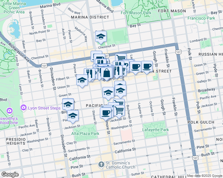 map of restaurants, bars, coffee shops, grocery stores, and more near 2260 Vallejo Street in San Francisco