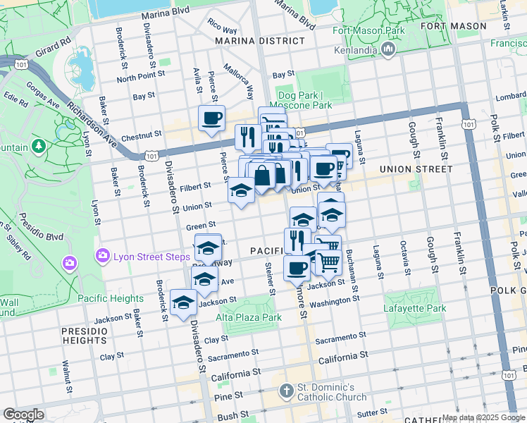 map of restaurants, bars, coffee shops, grocery stores, and more near 2327 Green Street in San Francisco