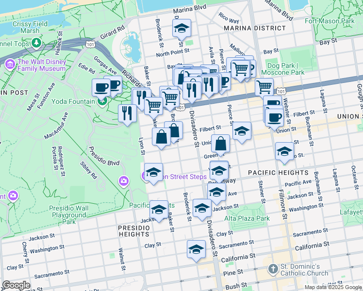 map of restaurants, bars, coffee shops, grocery stores, and more near 2720 Broderick Street in San Francisco