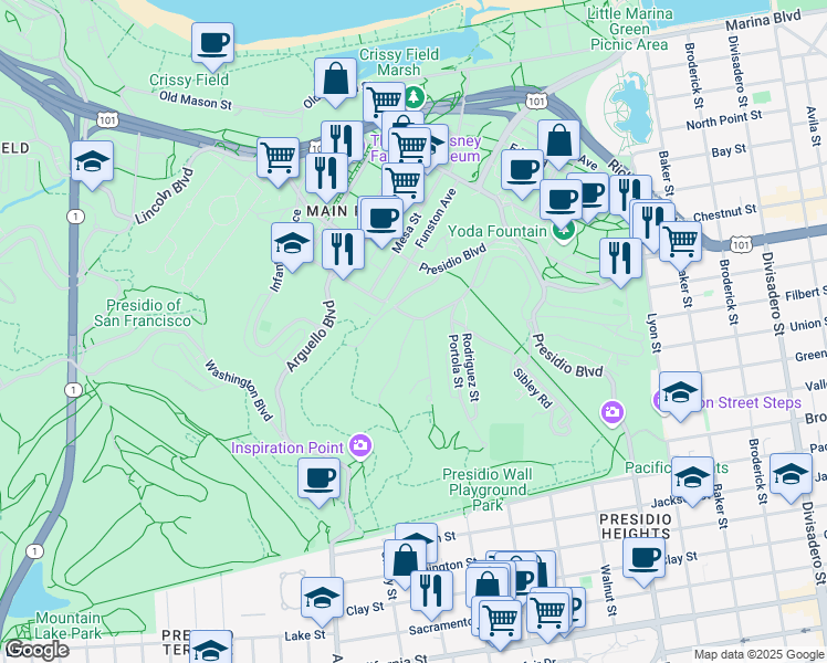 map of restaurants, bars, coffee shops, grocery stores, and more near 811C Quarry Road in San Francisco