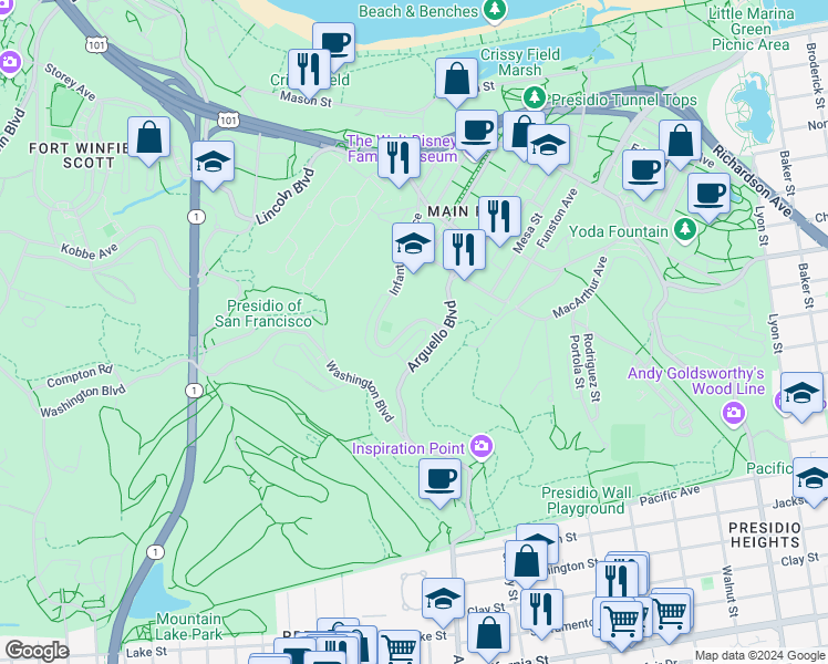 map of restaurants, bars, coffee shops, grocery stores, and more near 381 Thomas Avenue in San Francisco