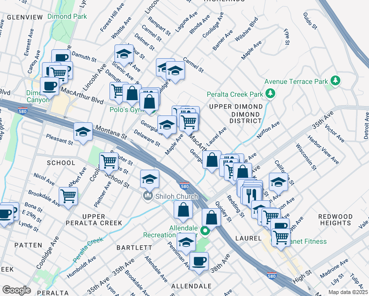 map of restaurants, bars, coffee shops, grocery stores, and more near 3037 Georgia Street in Oakland