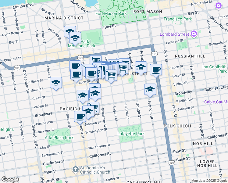 map of restaurants, bars, coffee shops, grocery stores, and more near 1980 Vallejo Street in San Francisco