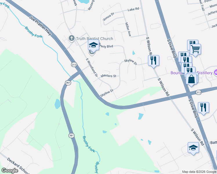 map of restaurants, bars, coffee shops, grocery stores, and more near 203 Skyline Drive in Radcliff