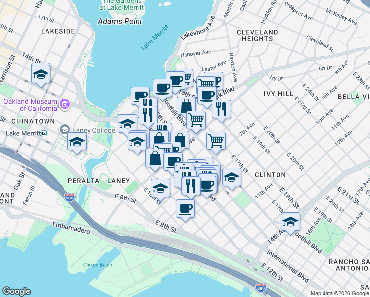 map of restaurants, bars, coffee shops, grocery stores, and more near 544 International Boulevard in Oakland