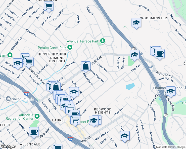 map of restaurants, bars, coffee shops, grocery stores, and more near 3625 Harbor View Avenue in Oakland