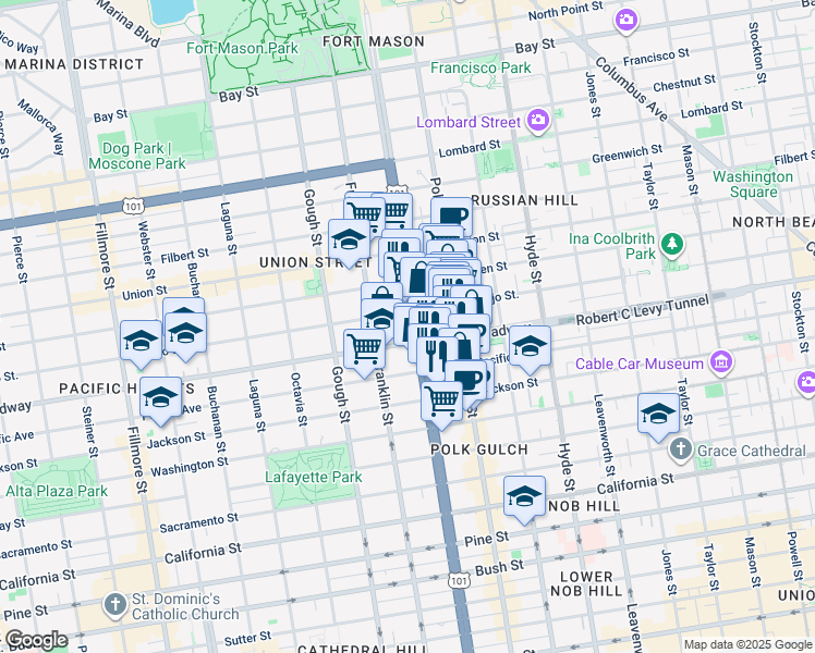map of restaurants, bars, coffee shops, grocery stores, and more near 2151 U.S. 101 in San Francisco