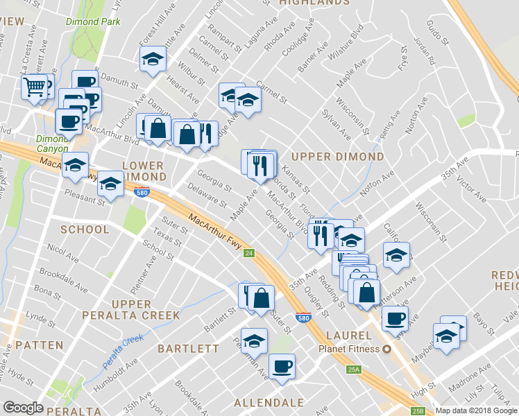 map of restaurants, bars, coffee shops, grocery stores, and more near 3037 Georgia Street in Oakland
