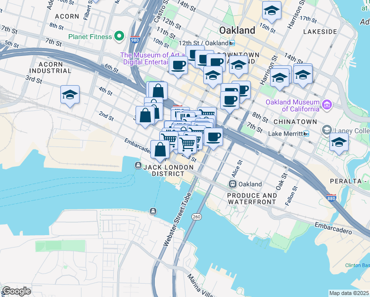 map of restaurants, bars, coffee shops, grocery stores, and more near in Oakland