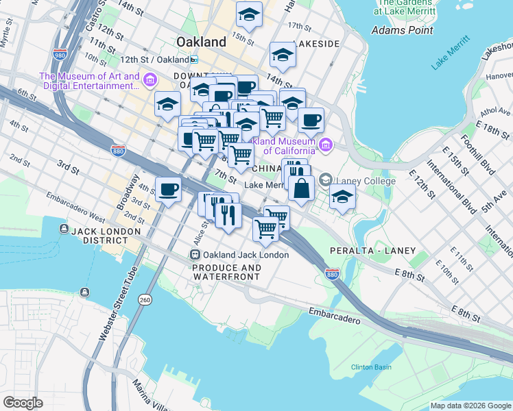 map of restaurants, bars, coffee shops, grocery stores, and more near 602 Jackson Street in Oakland