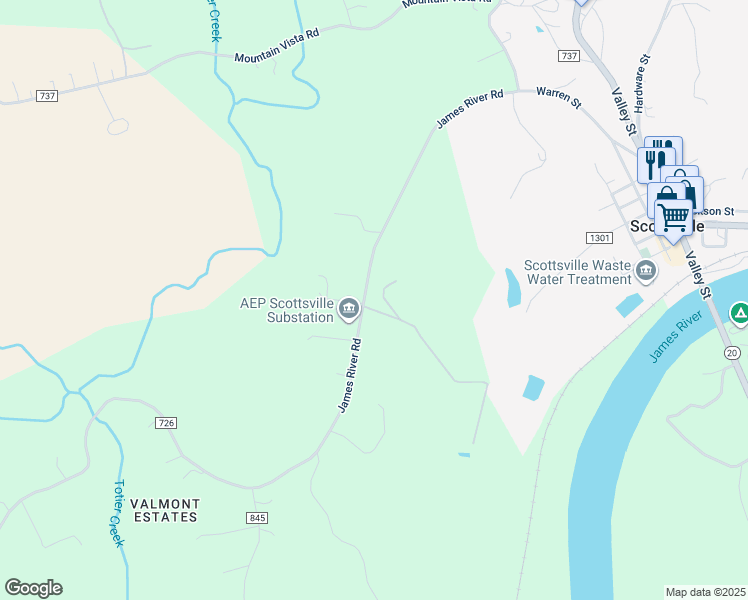 map of restaurants, bars, coffee shops, grocery stores, and more near 225 Scotts Landing Drive in Scottsville