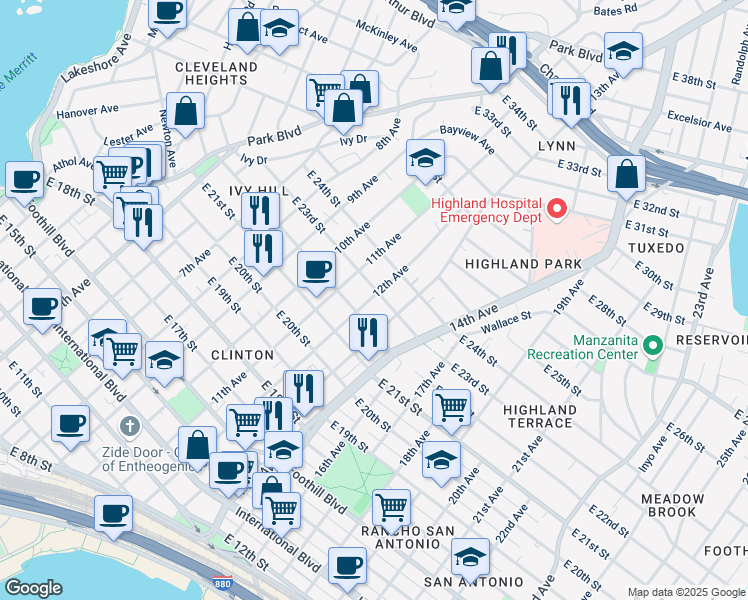 map of restaurants, bars, coffee shops, grocery stores, and more near 2321 12th Avenue in Oakland