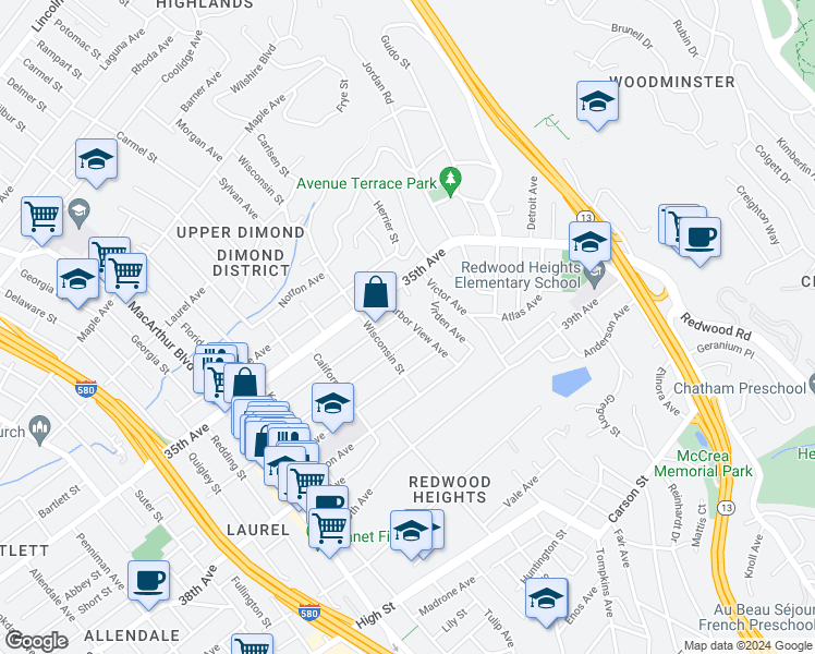 map of restaurants, bars, coffee shops, grocery stores, and more near 3625 Harbor View Avenue in Oakland
