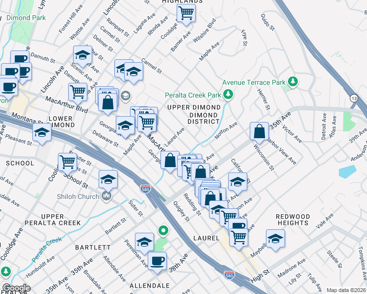 map of restaurants, bars, coffee shops, grocery stores, and more near 3676 Laurel Avenue in Oakland