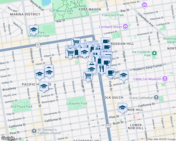 map of restaurants, bars, coffee shops, grocery stores, and more near in San Francisco