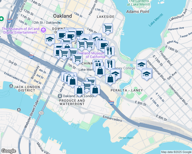 map of restaurants, bars, coffee shops, grocery stores, and more near in Oakland