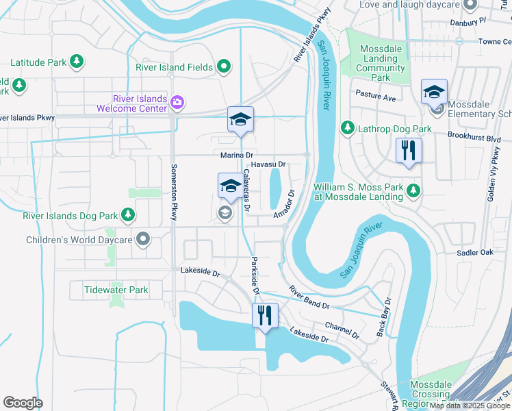 map of restaurants, bars, coffee shops, grocery stores, and more near 17988 Isabella Place in Lathrop