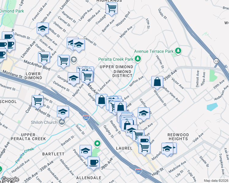 map of restaurants, bars, coffee shops, grocery stores, and more near 3801 Laurel Avenue in Oakland