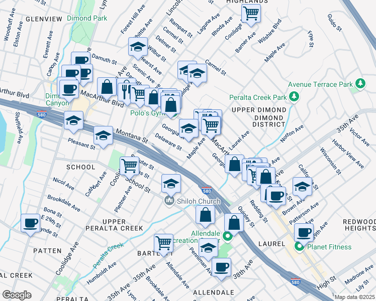map of restaurants, bars, coffee shops, grocery stores, and more near 2951 Georgia Street in Oakland
