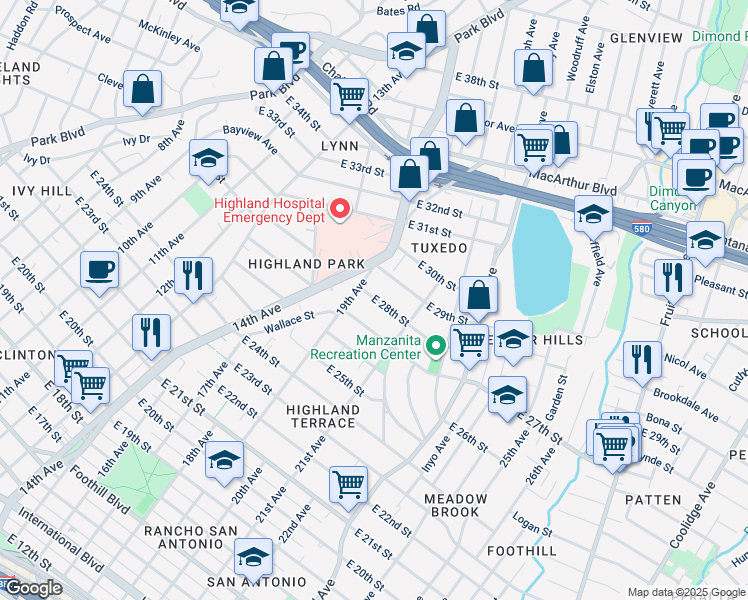 map of restaurants, bars, coffee shops, grocery stores, and more near 2820 19th Avenue in Oakland