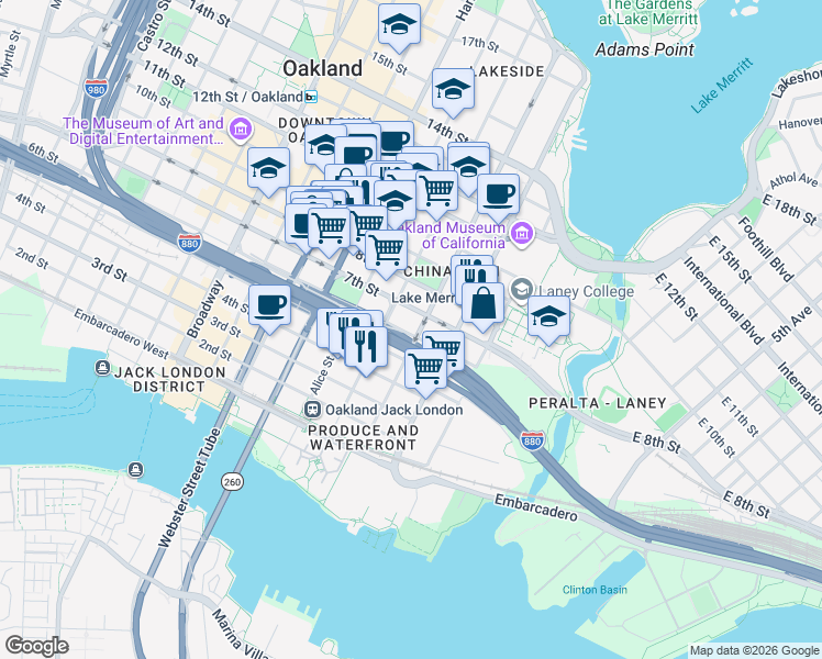 map of restaurants, bars, coffee shops, grocery stores, and more near 602 Jackson Street in Oakland