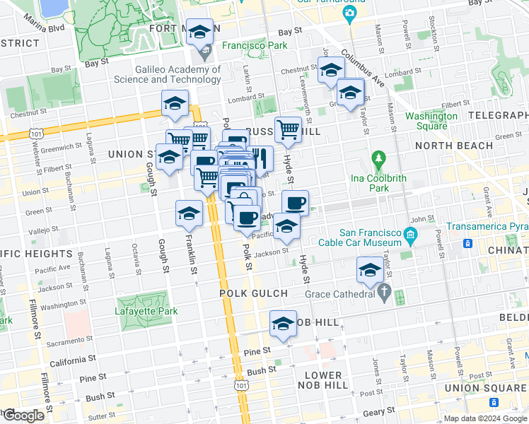 map of restaurants, bars, coffee shops, grocery stores, and more near 1440 Vallejo Street in San Francisco