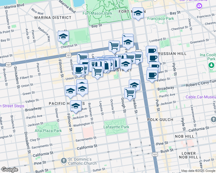 map of restaurants, bars, coffee shops, grocery stores, and more near 1779 Green Street in San Francisco