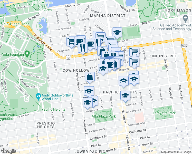 map of restaurants, bars, coffee shops, grocery stores, and more near in San Francisco