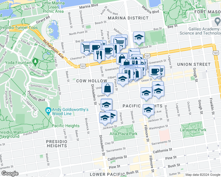map of restaurants, bars, coffee shops, grocery stores, and more near 2901 Pierce Street in San Francisco