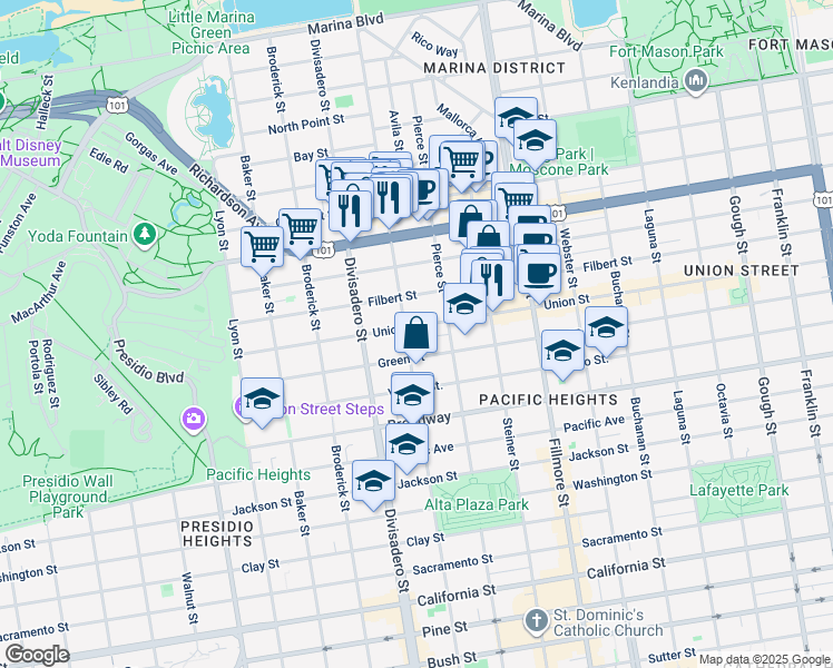 map of restaurants, bars, coffee shops, grocery stores, and more near 2936 Scott Street in San Francisco
