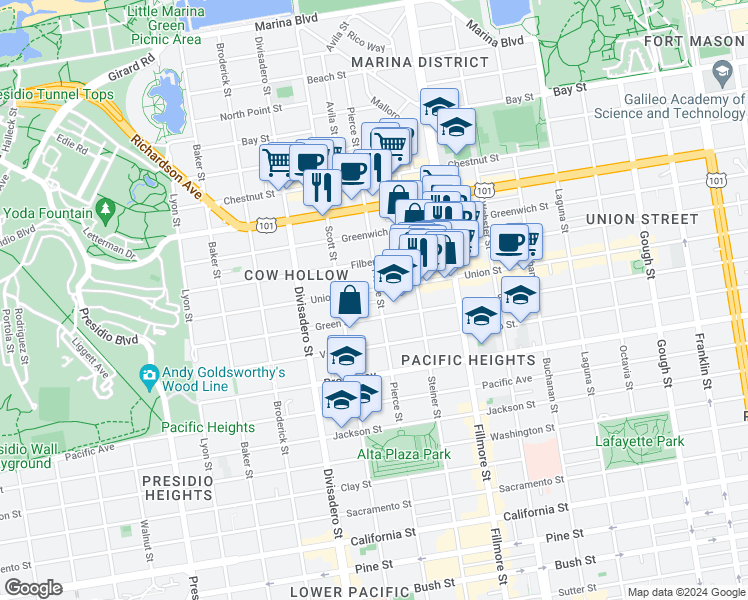 map of restaurants, bars, coffee shops, grocery stores, and more near 2901 Pierce Street in San Francisco