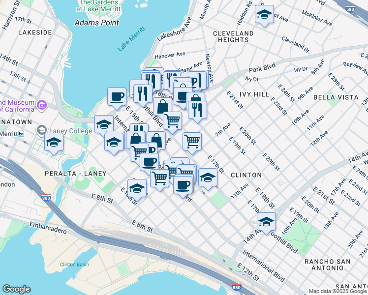 map of restaurants, bars, coffee shops, grocery stores, and more near 602 Foothill Boulevard in Oakland