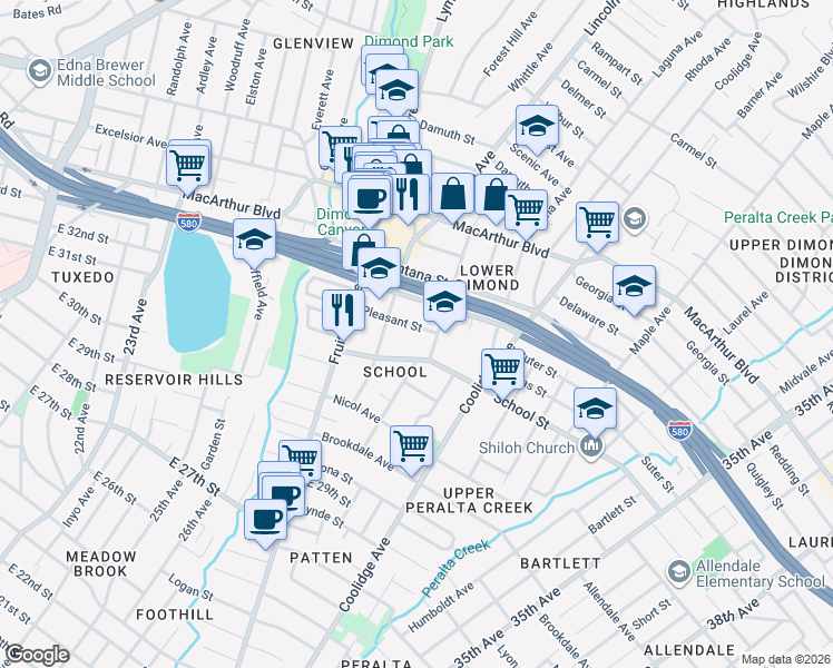 map of restaurants, bars, coffee shops, grocery stores, and more near 2718 Pleasant Street in Oakland