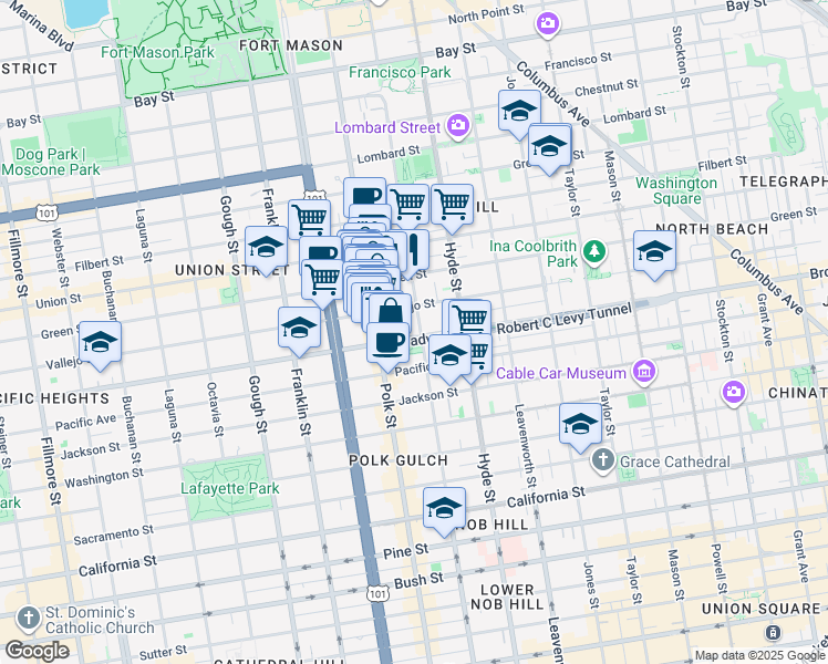 map of restaurants, bars, coffee shops, grocery stores, and more near 1410 Broadway in San Francisco