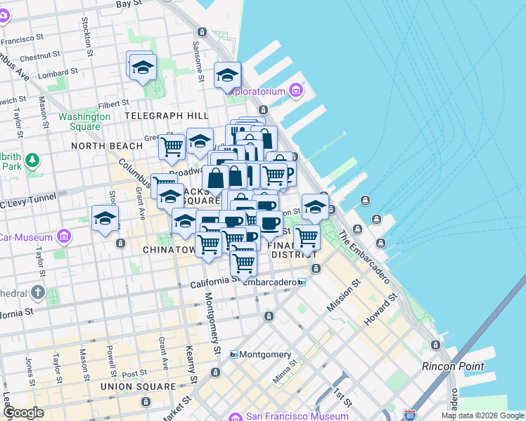 map of restaurants, bars, coffee shops, grocery stores, and more near Hinckley Walk in San Francisco