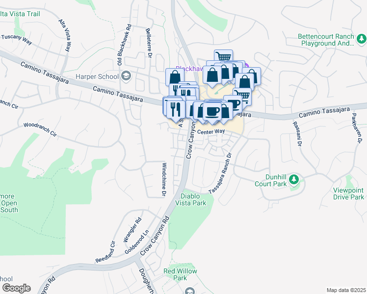 map of restaurants, bars, coffee shops, grocery stores, and more near 304 West Meadows Lane in Danville