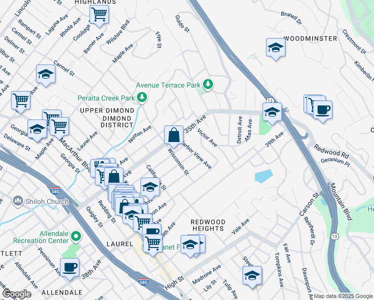 map of restaurants, bars, coffee shops, grocery stores, and more near 3530 Libby Court in Oakland