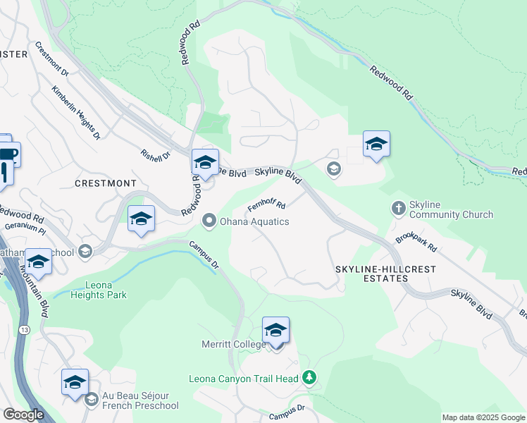 map of restaurants, bars, coffee shops, grocery stores, and more near 5550 Fernhoff Road in Oakland