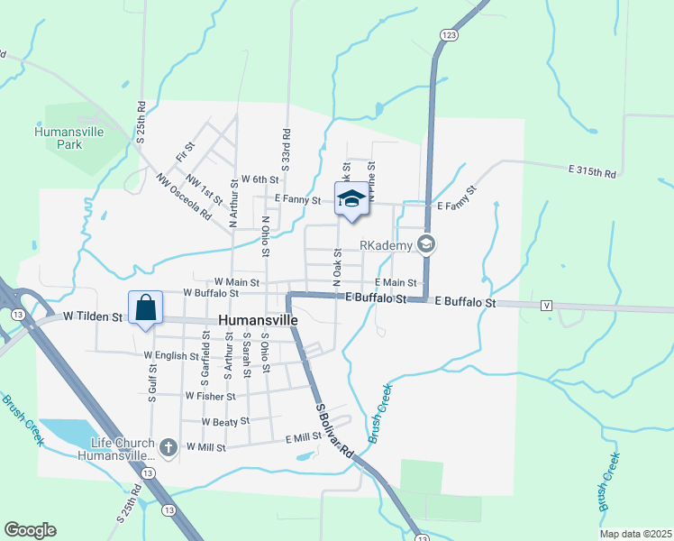 map of restaurants, bars, coffee shops, grocery stores, and more near 300 North Oak Street in Humansville