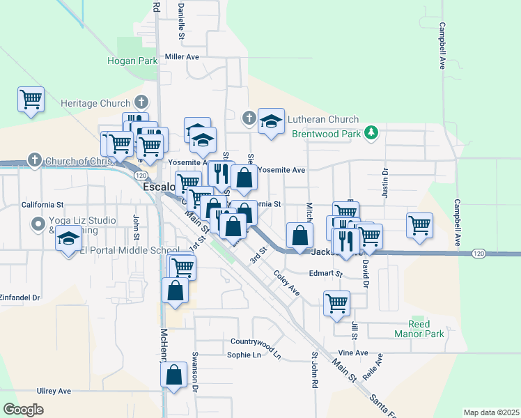 map of restaurants, bars, coffee shops, grocery stores, and more near 1402 Dent Street in Escalon