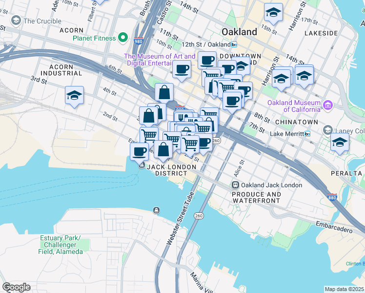 map of restaurants, bars, coffee shops, grocery stores, and more near 314 Broadway in Oakland