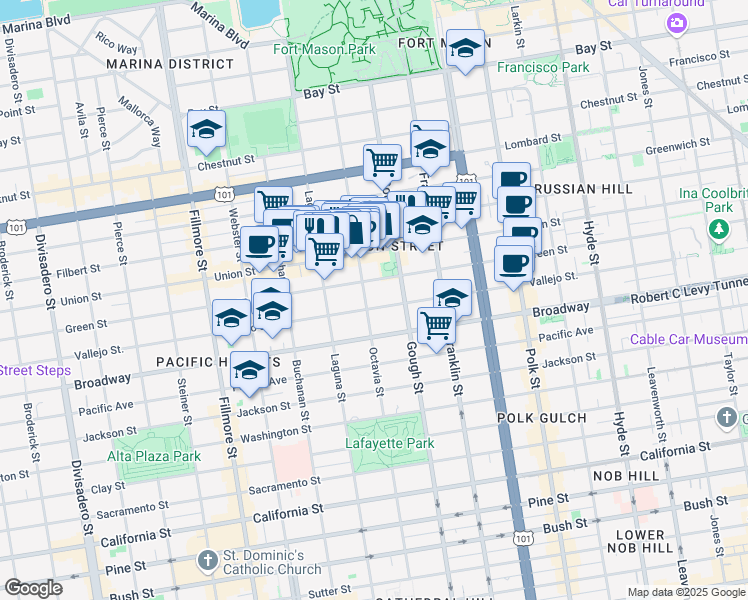 map of restaurants, bars, coffee shops, grocery stores, and more near 1880 Vallejo Street in San Francisco