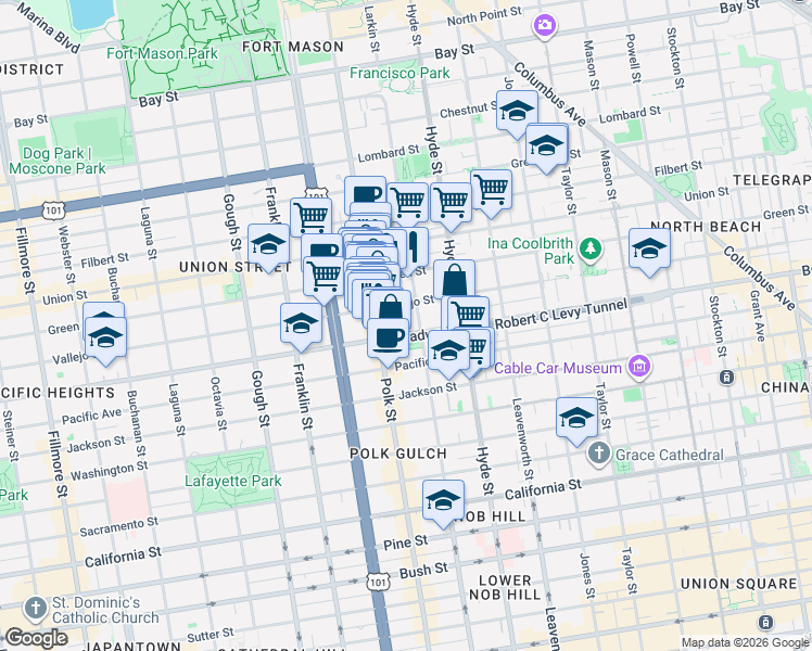 map of restaurants, bars, coffee shops, grocery stores, and more near 1440 Vallejo Street in San Francisco
